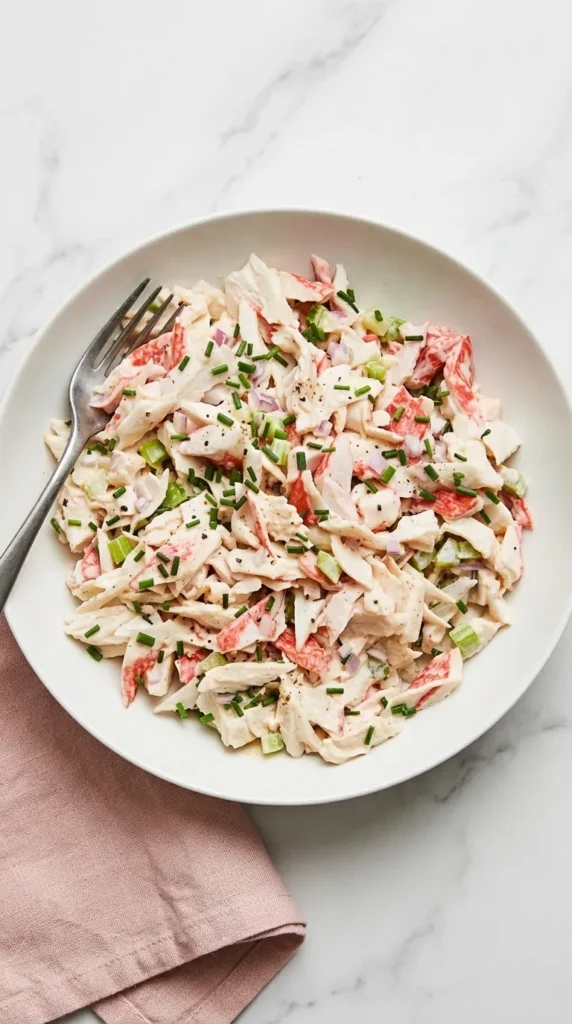 Creamy Crab Salad with celery, shallot, chives, and tender crab meat in a ceramic bowl.