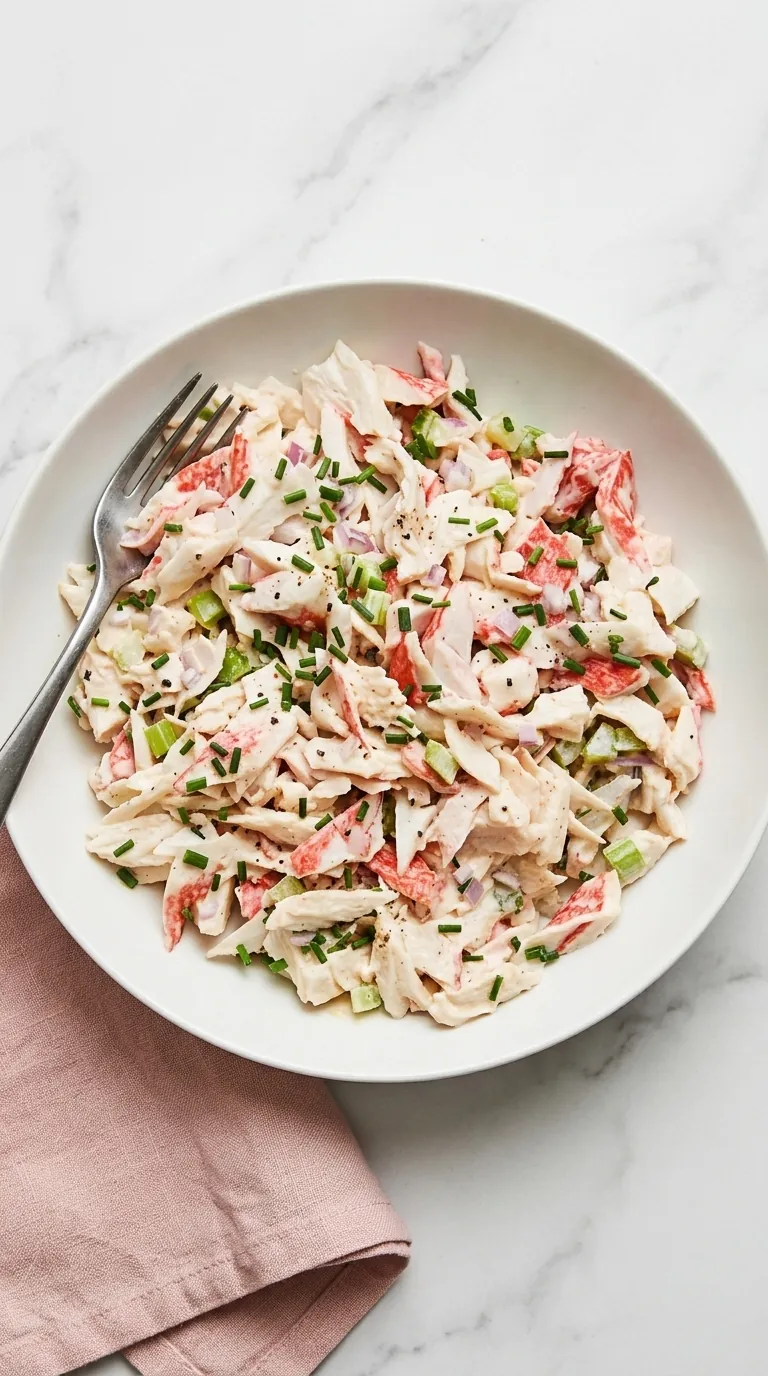 Creamy Crab Salad with celery, shallot, chives, and tender crab meat in a ceramic bowl.