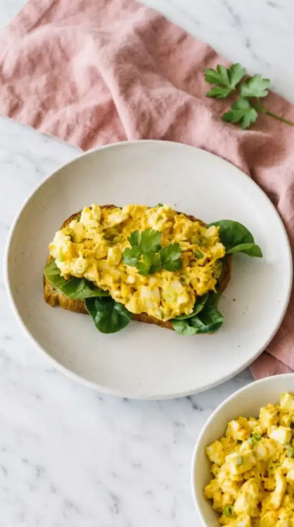 Curried Egg Salad with creamy eggs, curry powder, carrot, green onion, and fresh parsley