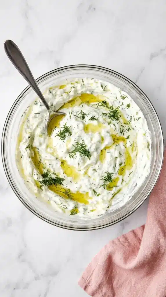 Creamy homemade tzatziki with cucumber, fresh dill, and olive oil in a bowl