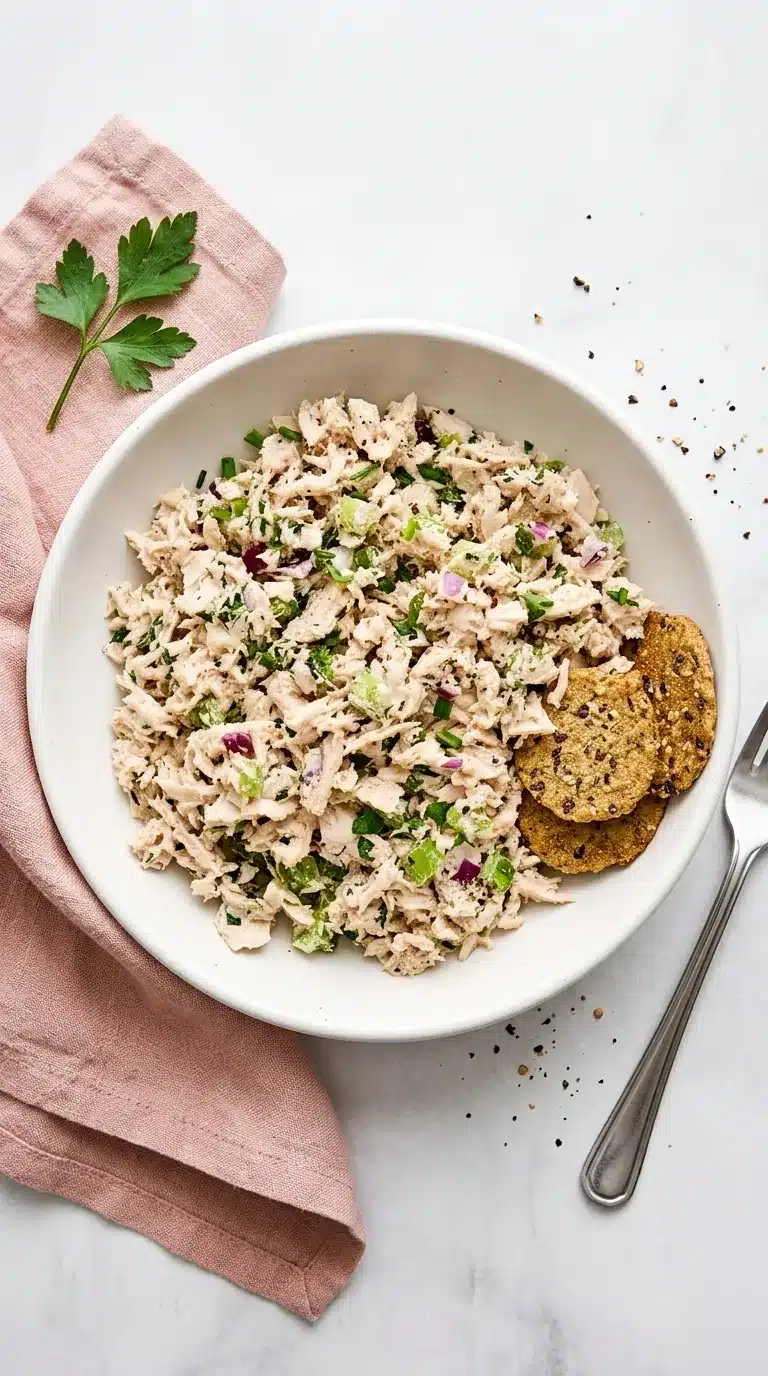 Creamy Tuna Salad with celery, red onion, fresh herbs, and crisp seeded crackers