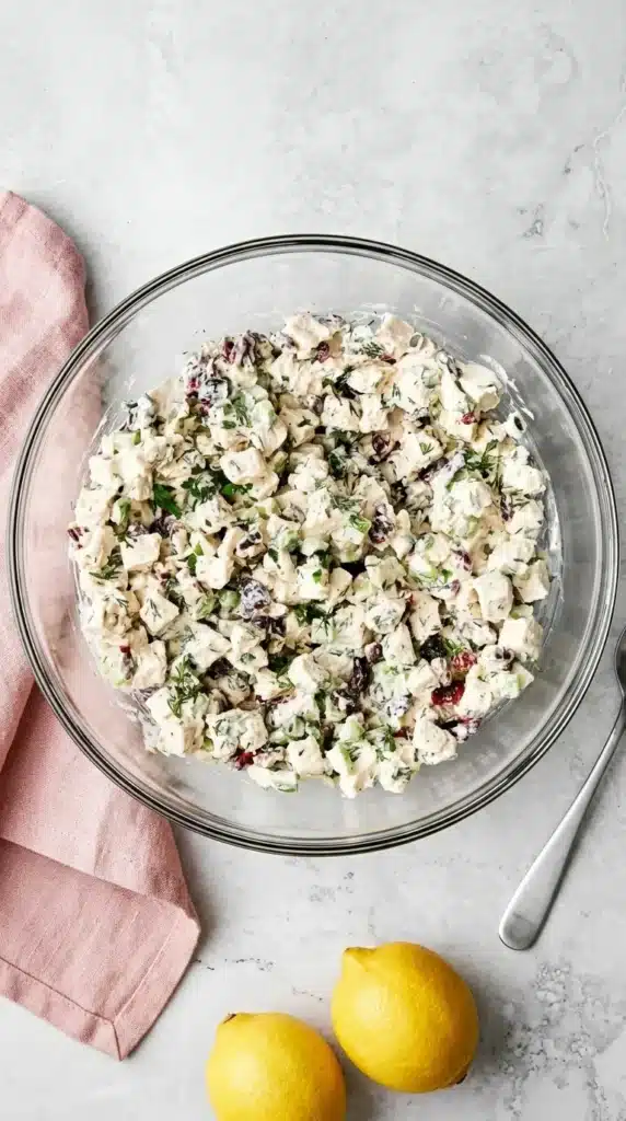 Creamy Turkey Salad mixed with celery, cranberries, pecans, Dijon, and fresh herbs