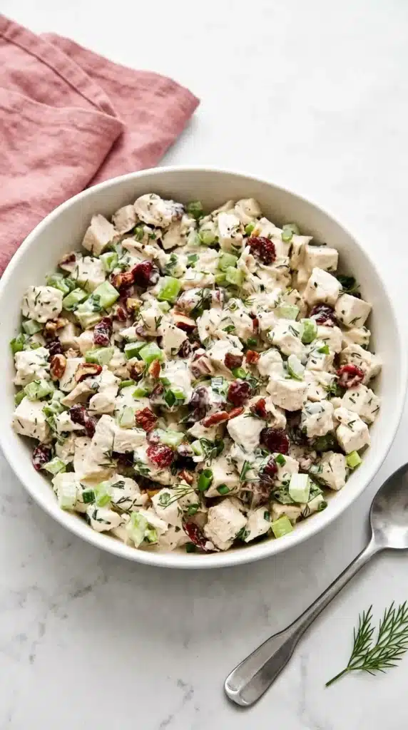 Creamy Turkey Salad with cranberries, pecans, crisp celery, green onions, and fresh dill