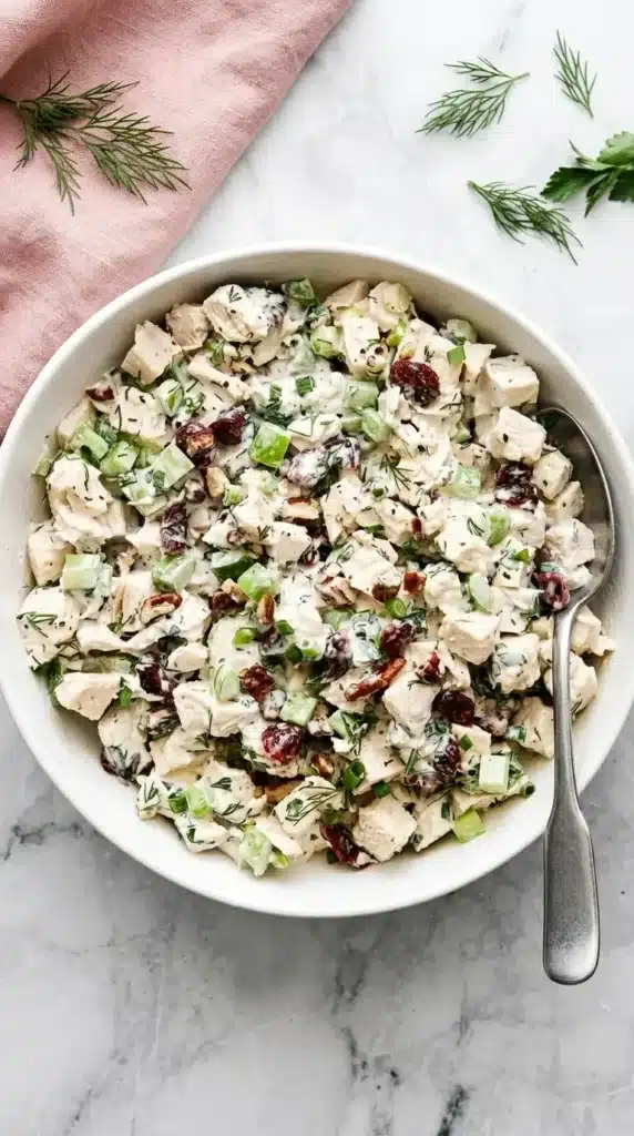 Turkey Salad with cranberries, pecans, celery, fresh herbs, and creamy Dijon dressing
