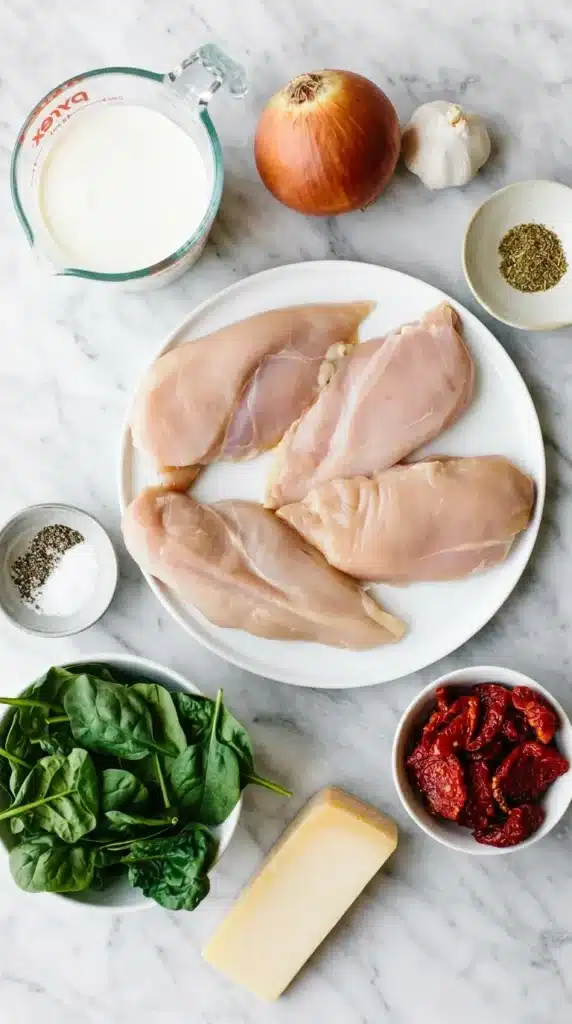 Creamy Tuscan Chicken Recipe : Easy, Rich Skillet Dinner 7 Creamy Tuscan Chicken ingredients with spinach, sun-dried tomatoes, cream, garlic, and Parmesan