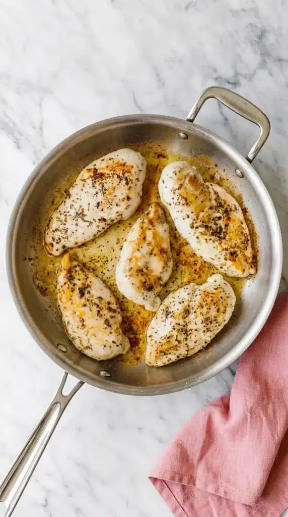 Creamy Tuscan Chicken Recipe : Easy, Rich Skillet Dinner 8 Creamy Tuscan Chicken breasts searing with Italian herbs in olive oil