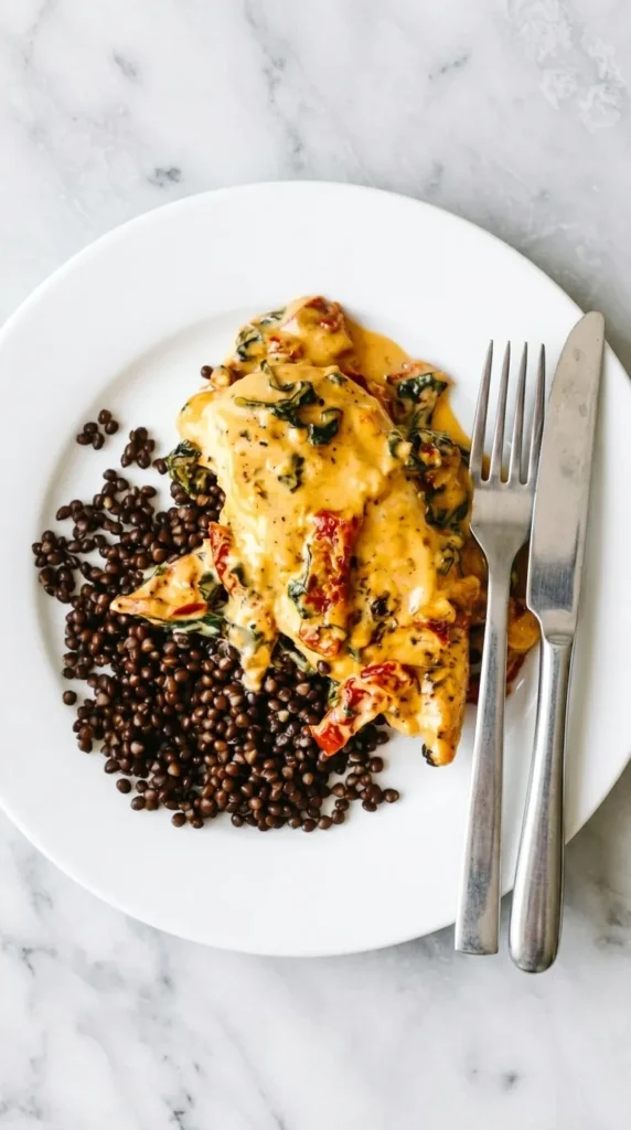 Creamy Tuscan Chicken Recipe : Easy, Rich Skillet Dinner 10 Creamy Tuscan Chicken with spinach, sun-dried tomatoes, Parmesan sauce, and lentils