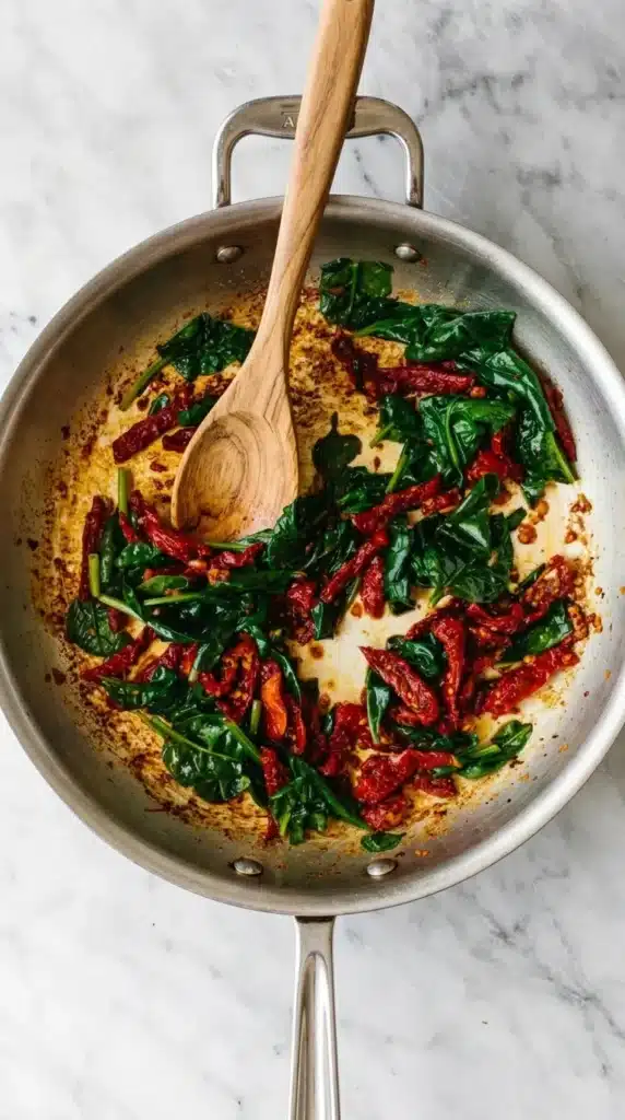 Creamy Tuscan Chicken Recipe : Easy, Rich Skillet Dinner 9 Creamy Tuscan Chicken spinach and sun-dried tomatoes sautéing with garlic