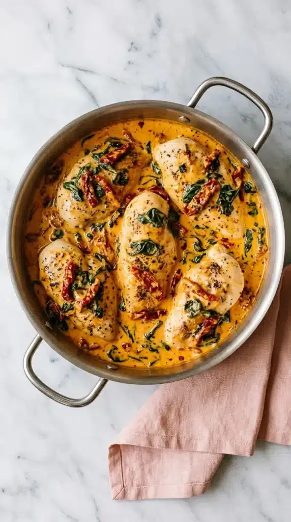 Creamy Tuscan Chicken with spinach and sun-dried tomatoes in Parmesan cream sauce