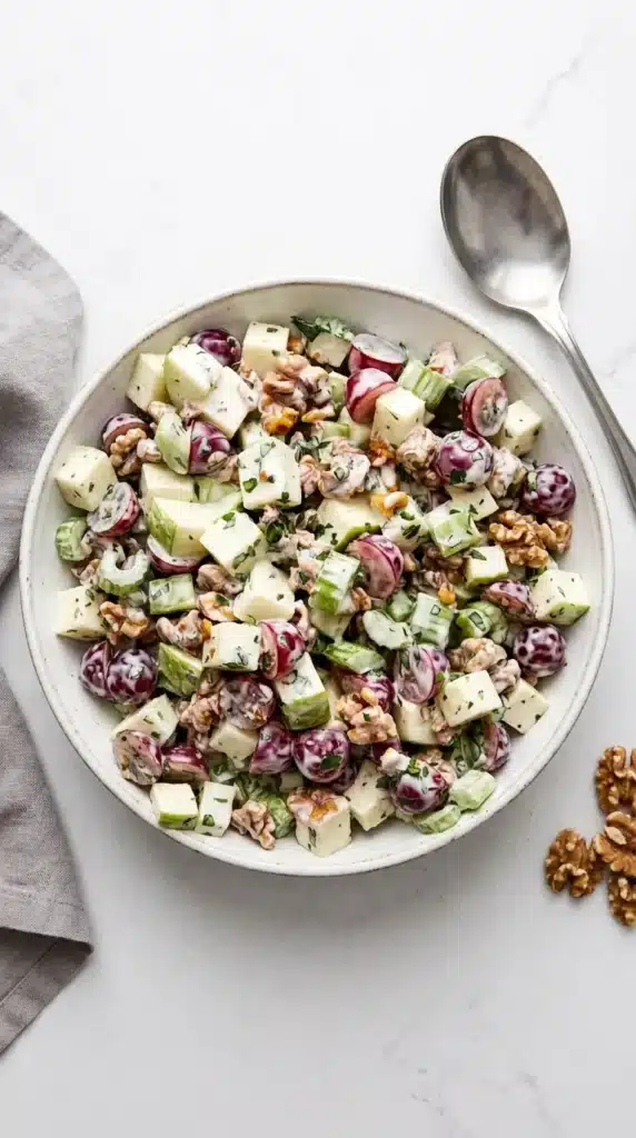 Waldorf Salad : Easy, Fresh and Satisfying Recipe 14 Close-up of Waldorf Salad with crisp apples, grapes, celery, walnuts, and creamy dressing