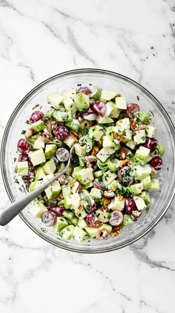 Waldorf Salad : Easy, Fresh and Satisfying Recipe 12 Waldorf Salad tossed with apples, grapes, celery, walnuts, parsley, and creamy dressing
