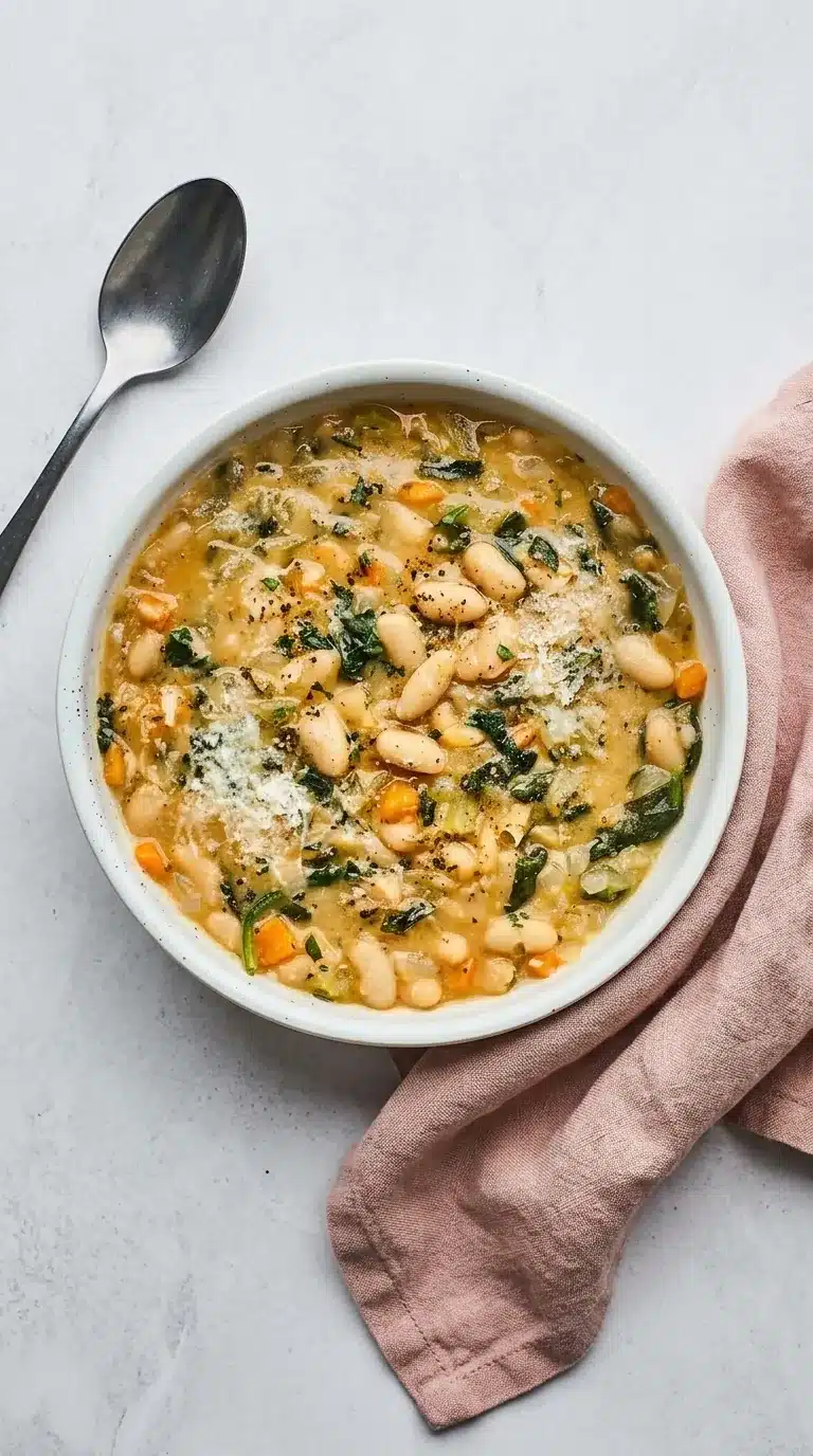 Creamy White Bean Soup with cannellini beans, spinach, vegetables, Parmesan, and herbs