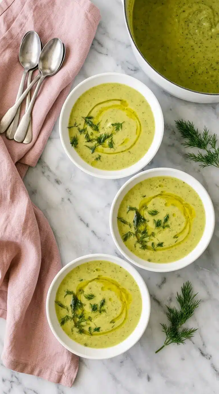 Creamy Zucchini Soup topped with olive oil and fresh dill in white bowls.