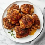 Crispy baked chicken thighs with golden herb seasoned skin on a ceramic platter