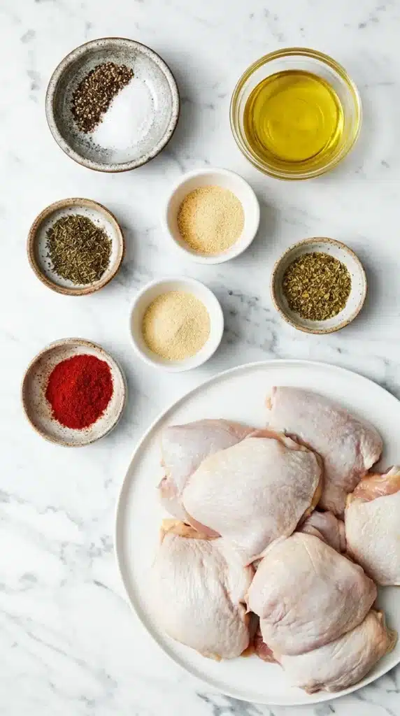 Ingredients for Crispy Baked Chicken Thighs with olive oil, paprika, garlic and herbs