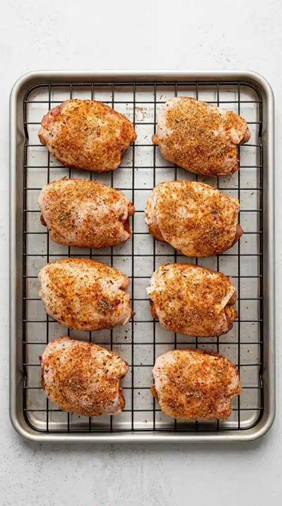 Crispy Baked Chicken Thighs seasoned on a wire rack before baking