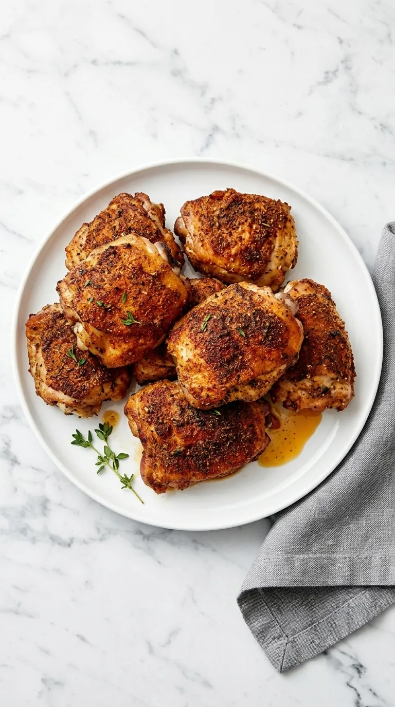 Crispy baked chicken thighs with golden herb seasoned skin on a ceramic platter