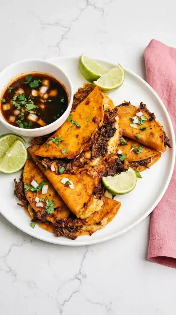 Close up of crispy Birria Tacos with melted cheese, shredded beef, lime, and consommé