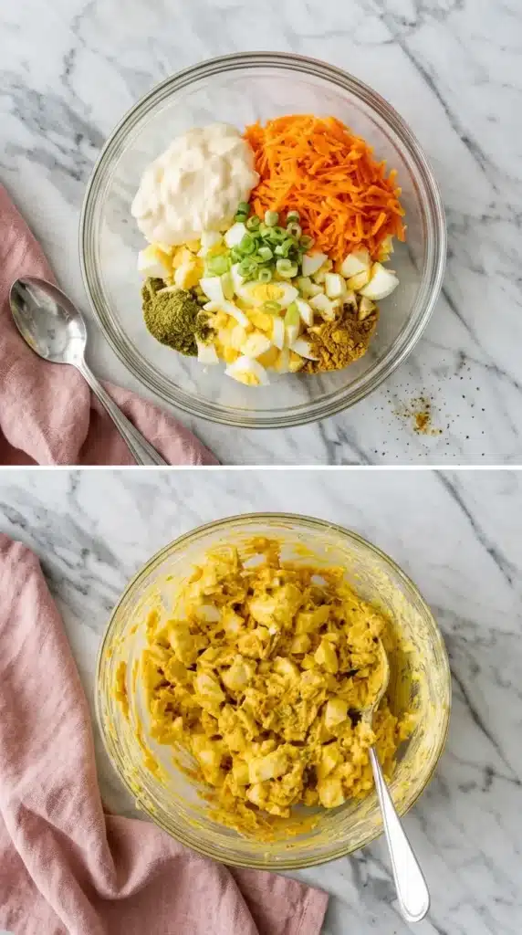 Curried Egg Salad ingredients with eggs, carrot, mayonnaise, curry powder, green onion, and parsley