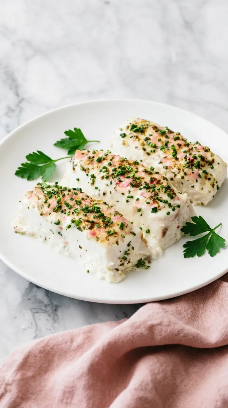 Easy Baked Halibut with creamy lemon herb topping and fresh chives
