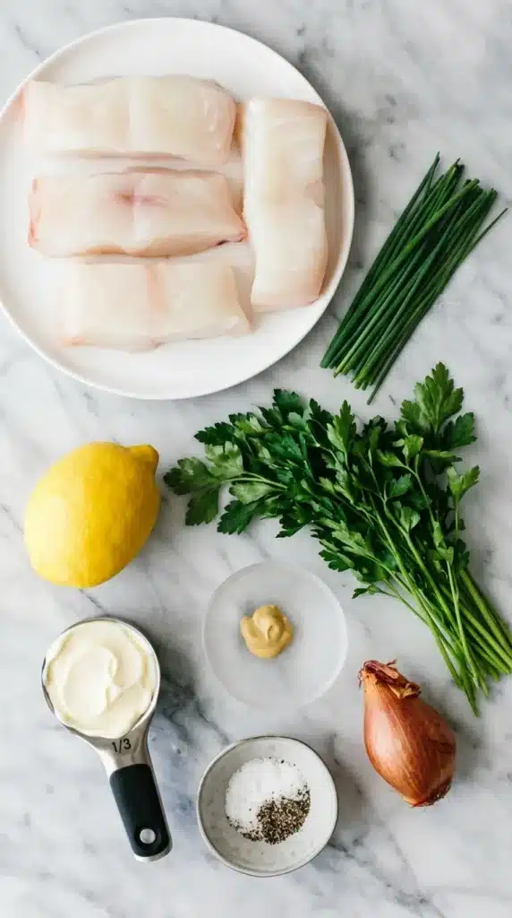 Easy Baked Halibut Recipe : Terrific Fresh Seafood Dinner 7 Easy Baked Halibut ingredients with halibut, lemon, herbs, mayonnaise and Dijon mustard
