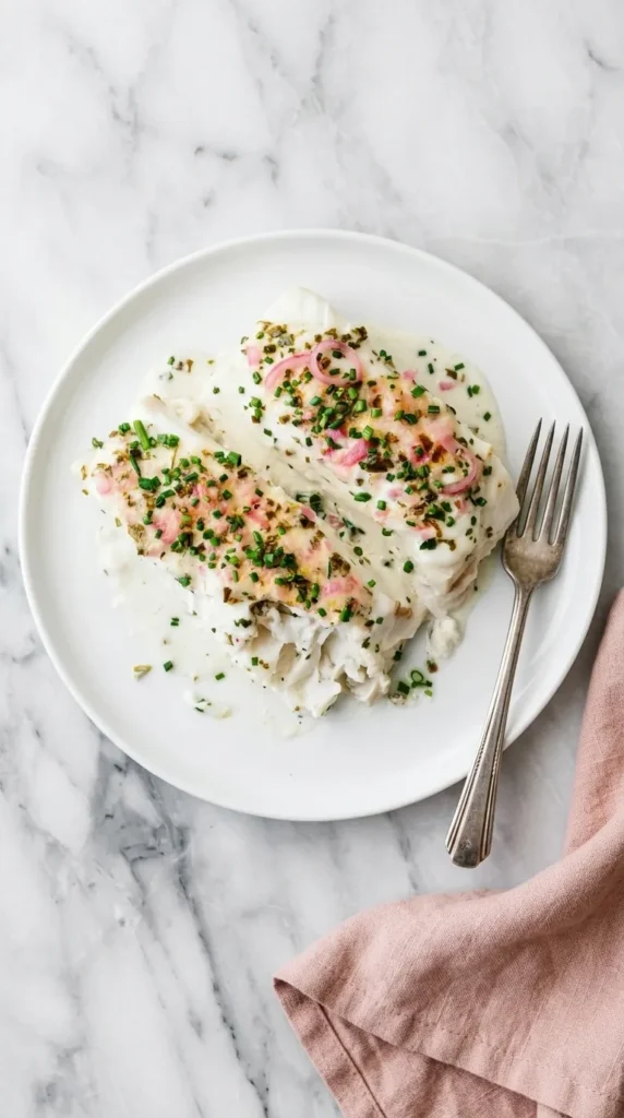 Easy Baked Halibut Recipe : Terrific Fresh Seafood Dinner 10 Easy Baked Halibut showing moist, flaky fish with creamy lemon herb topping