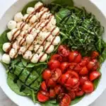 Easy Caprese Salad with Spinach | Amazing 10 Minute Recipe 9 Easy Caprese Salad with Spinach, tomatoes, mozzarella pearls, basil, and balsamic glaze