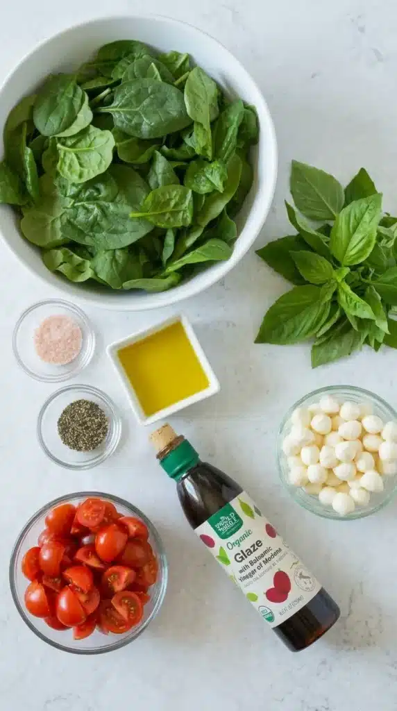 Easy Caprese Salad with Spinach | Amazing 10 Minute Recipe 6 Easy Caprese Salad with Spinach ingredients with tomatoes, mozzarella, basil, oil, and balsamic glaze