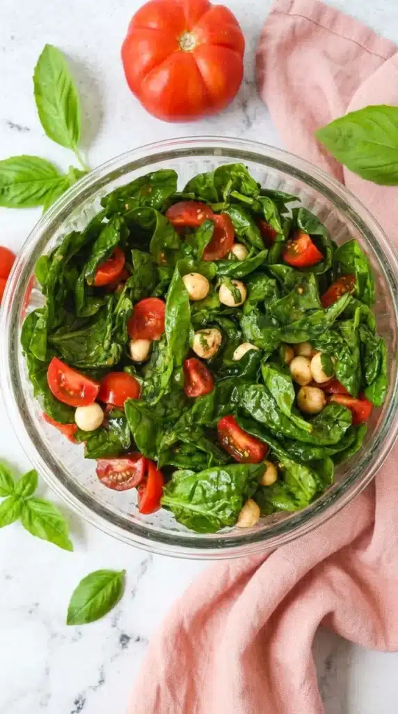 Easy Caprese Salad with Spinach | Amazing 10 Minute Recipe 7 Easy Caprese Salad with Spinach tossed with tomatoes, mozzarella pearls, basil, and balsamic dressing