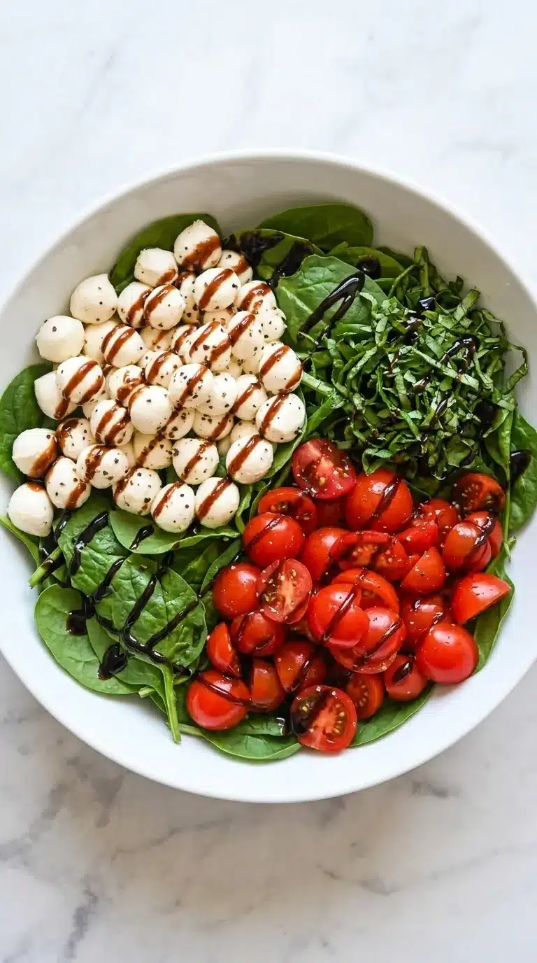 home 9 Easy Caprese Salad with Spinach, tomatoes, mozzarella pearls, basil, and balsamic glaze