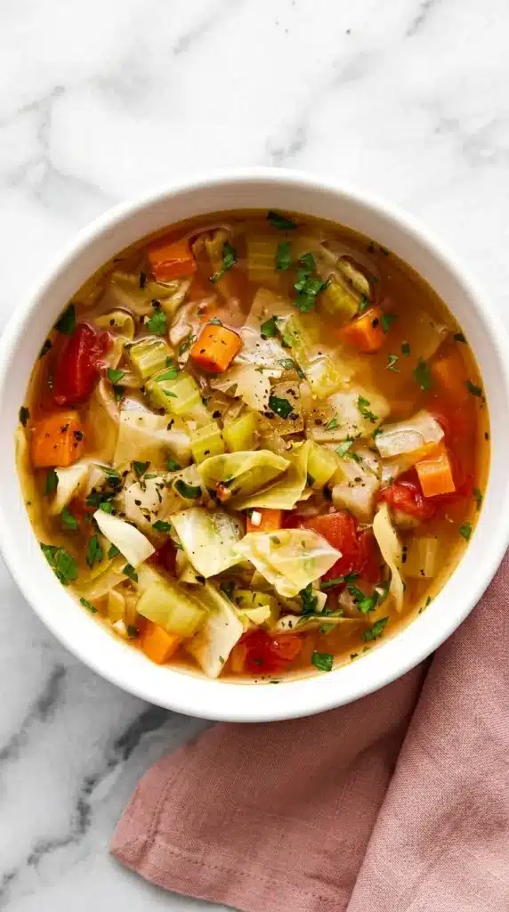 Homemade Cabbage Soup with tender cabbage, carrots, tomatoes, celery, and fresh parsley