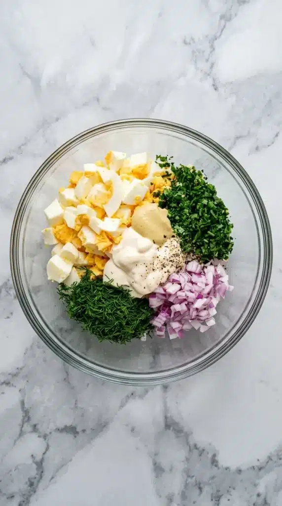 Egg Salad Recipe : Ultimate Easy Lunch You’ll Love 7 Egg Salad ingredients with chopped eggs, red onion, herbs, mayonnaise, and Dijon ready to mix