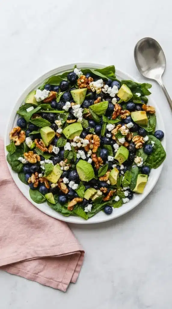 Finished 20-Minute Spinach Blueberry Salad with blueberries, avocado, walnuts, and goat cheese