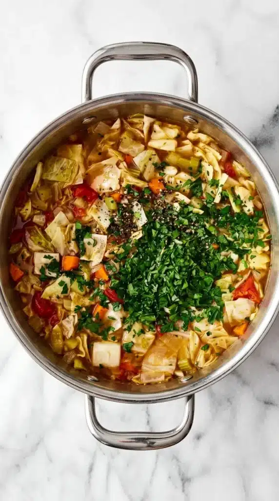 Cabbage Soup Recipe : Simple, Satisfying & Easy 11 Finished Cabbage Soup with tender vegetables, fresh parsley, lemon, and cracked black pepper