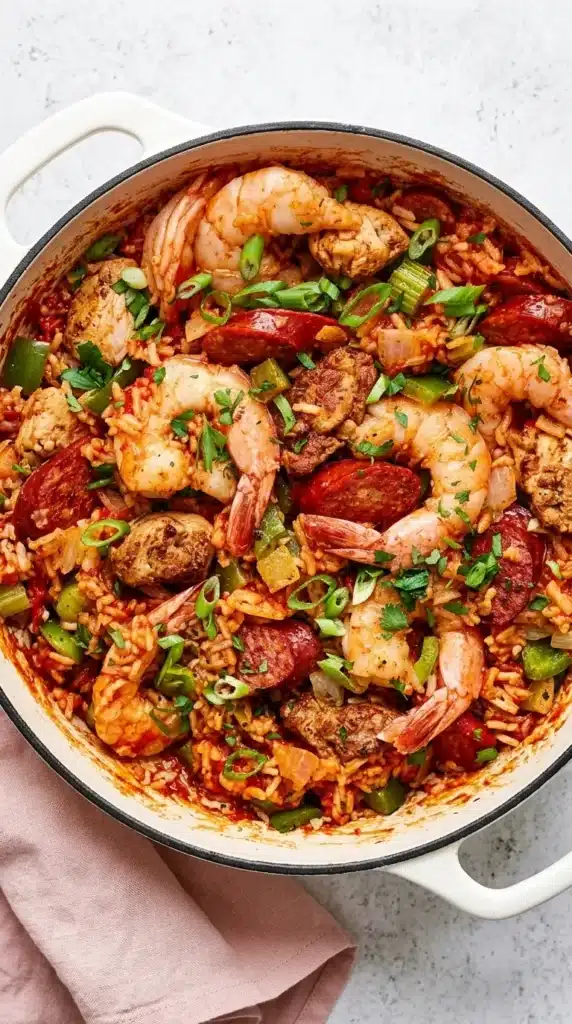 Jambalaya recipe : Easy, Powerful One Pot Dinner 10 Finished jambalaya with shrimp, chicken, andouille sausage, rice, peppers, and fresh herbs