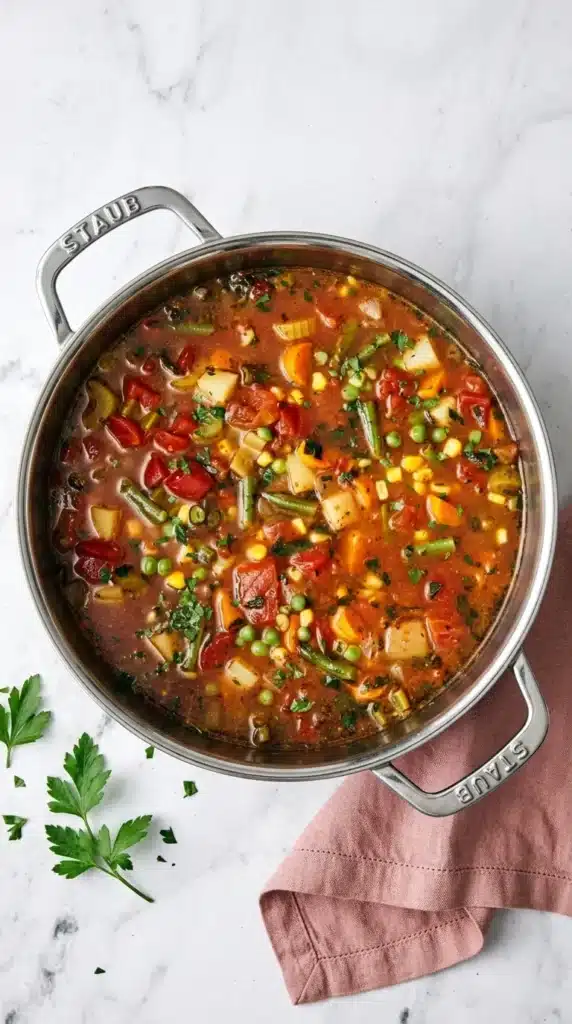 Finished Vegetable Soup with potatoes, carrots, green beans, peas, corn, tomatoes, and parsley