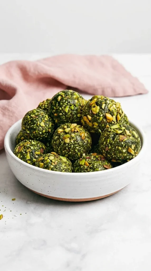 Matcha Pistachio Energy Balls with crunchy pistachios in a ceramic bowl