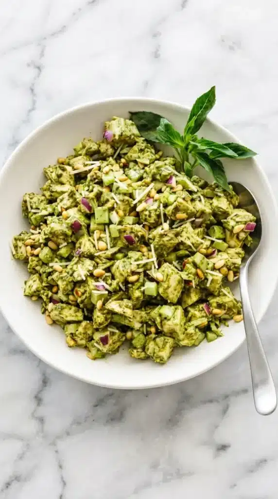 Pesto Chicken Salad: Easy Creamy Lunch Recipe 11 Pesto Chicken Salad with toasted pine nuts, Parmesan, celery, red onion, and fresh basil