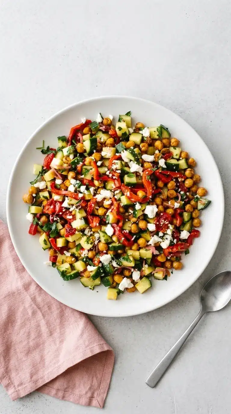 Roasted Red Pepper and Chickpea Salad with cucumber, pickled onion, parsley, and feta