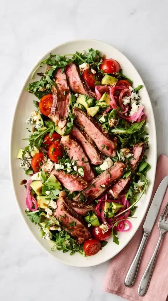 Finished Steak Salad with grilled steak, arugula, avocado, blue cheese, and balsamic vinaigrette