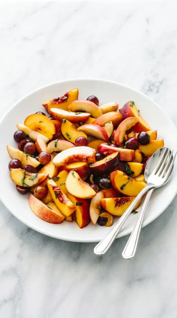 Stone Fruit Salad : Amazing Fresh Summer Recipe 11 Finished Stone Fruit Salad with peaches, nectarines, plums, grapes, mint, and honey syrup