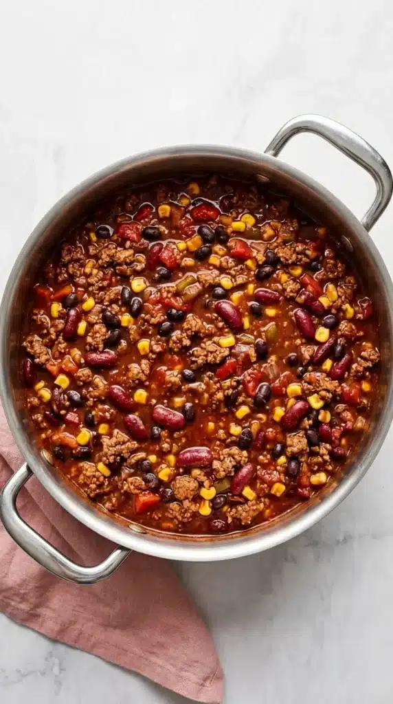 Taco Soup Recipe : Easy, Hearty 30-Minute Dinner 12 Finished Taco Soup with ground beef, beans, corn, tomatoes, and a serving ladle