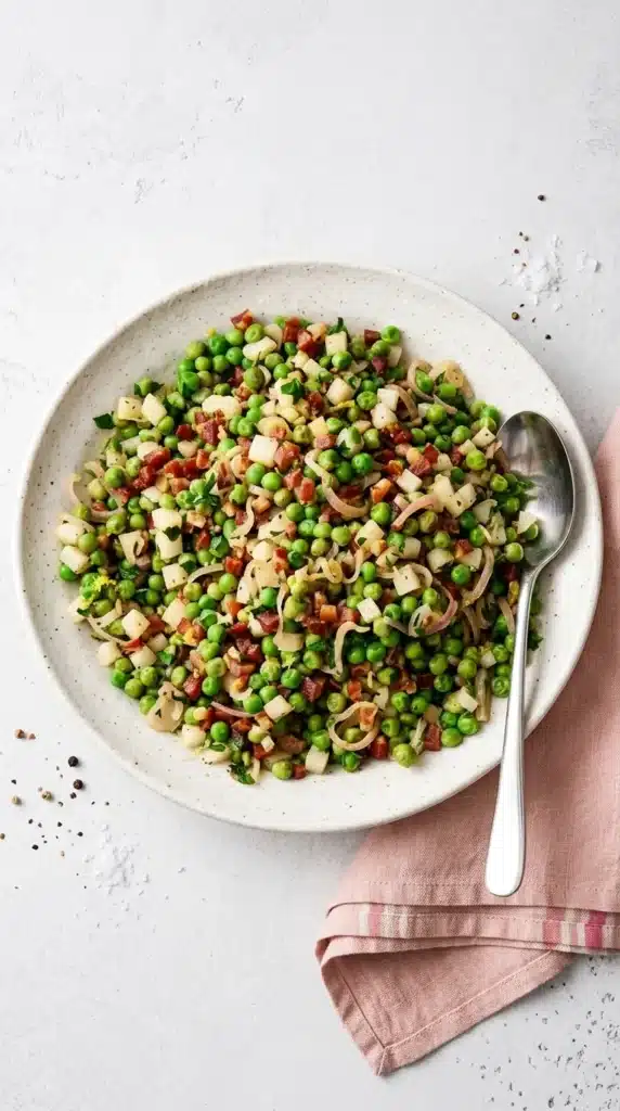 Thanksgiving Peas with crispy pancetta, sweet pear, shallots, parsley, and lemon zest