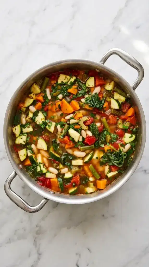Finished Minestrone Soup with cannellini beans, vegetables, spinach, and parsley