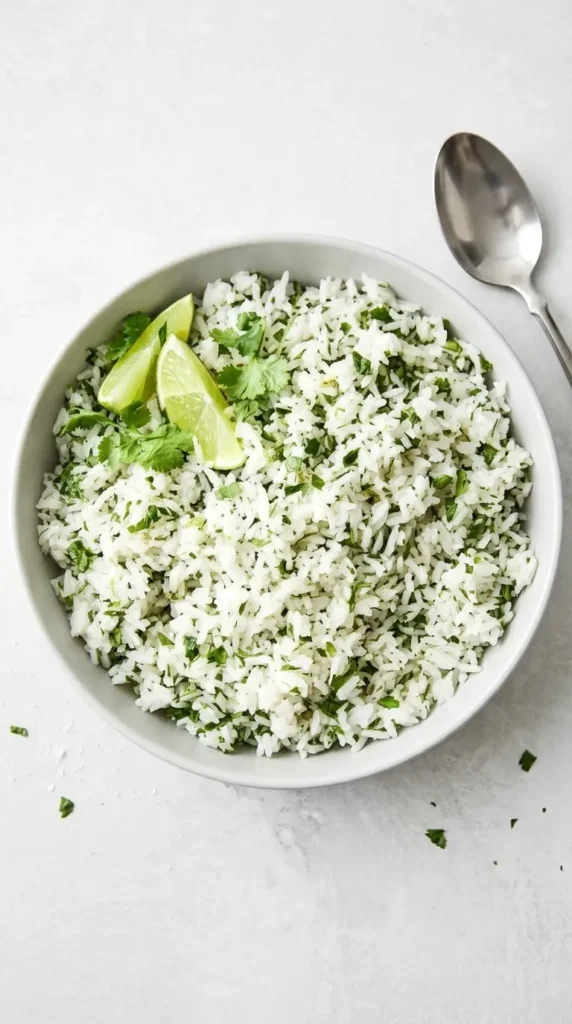 Fluffy Cilantro Lime Rice garnished with fresh cilantro and lime wedges.