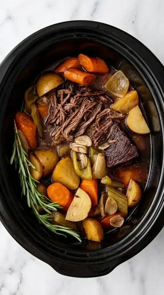 Slow Cooker Pot Roast | Amazing Easy Family Dinner Recipe 9 Fork shredding tender Slow Cooker Pot Roast with vegetables in rich broth.