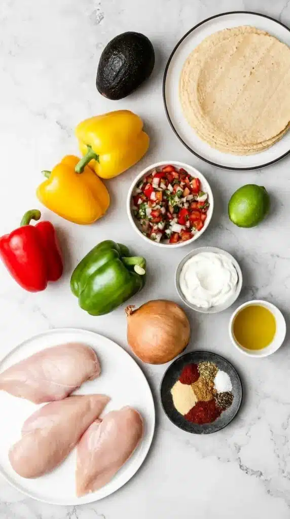 Chicken Fajitas Recipe | Amazing Easy 30 Minute Meal 6 Chicken Fajitas ingredients with chicken, bell peppers, onion, tortillas, lime, and seasoning