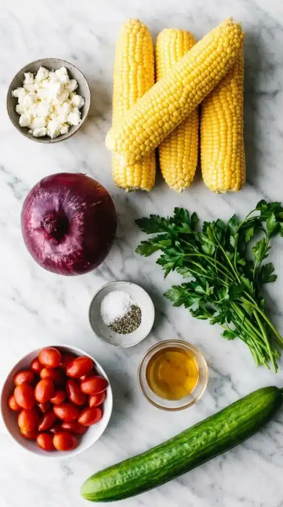 Fresh Corn Salad Recipe | Amazing Easy Summer Lunch 6 Fresh Corn Salad ingredients including corn, cucumber, tomatoes, onion, parsley, and feta