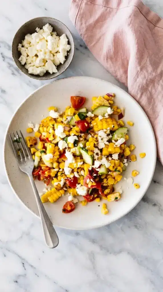 Fresh Corn Salad Recipe | Amazing Easy Summer Lunch 8 Fresh Corn Salad served with feta cheese on a ceramic plate