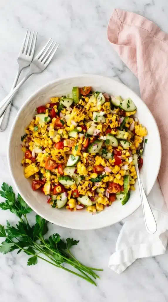 Fresh Corn Salad with grilled corn, cucumber, tomatoes, herbs, and red onion in a serving bowl